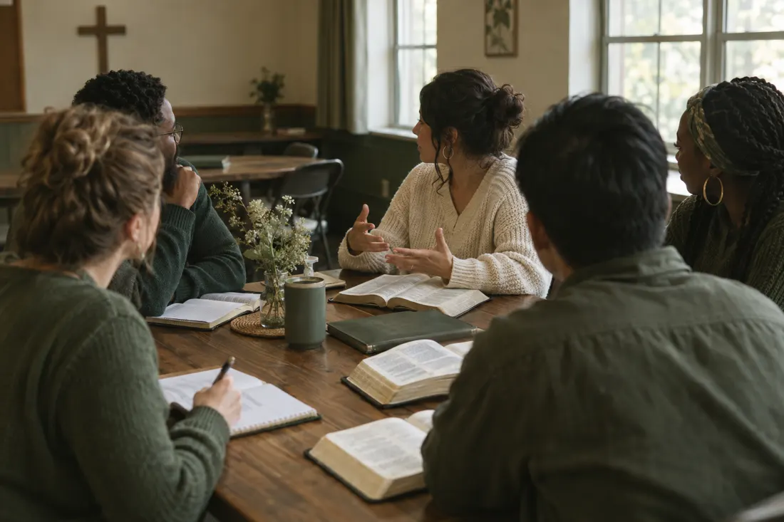 A small group of adults studying their Bibles together around a table in a church fellowship hall